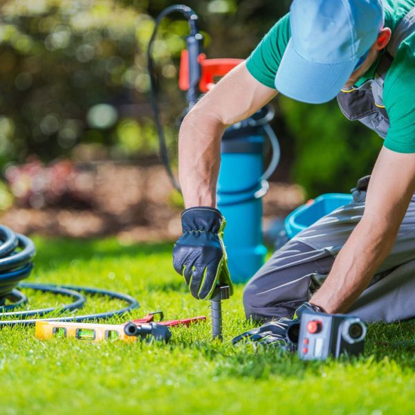 Garden Automatic Watering Systems Installer. Garden System Technician at Work.